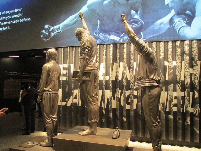 A statue depicting the famous medal stand protest by Tommie Smith and John Carlos at the 1968 Olympics.