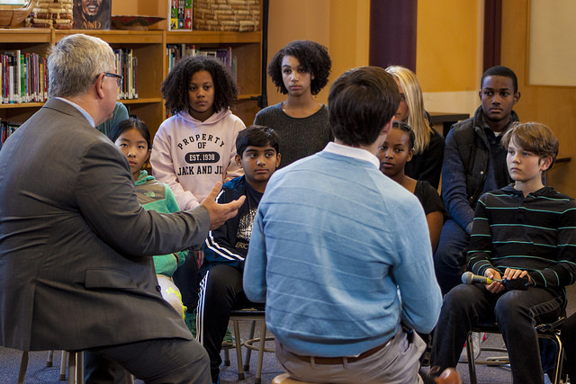 Superintendent Jack White speaking with Montgomery  County Public School students.