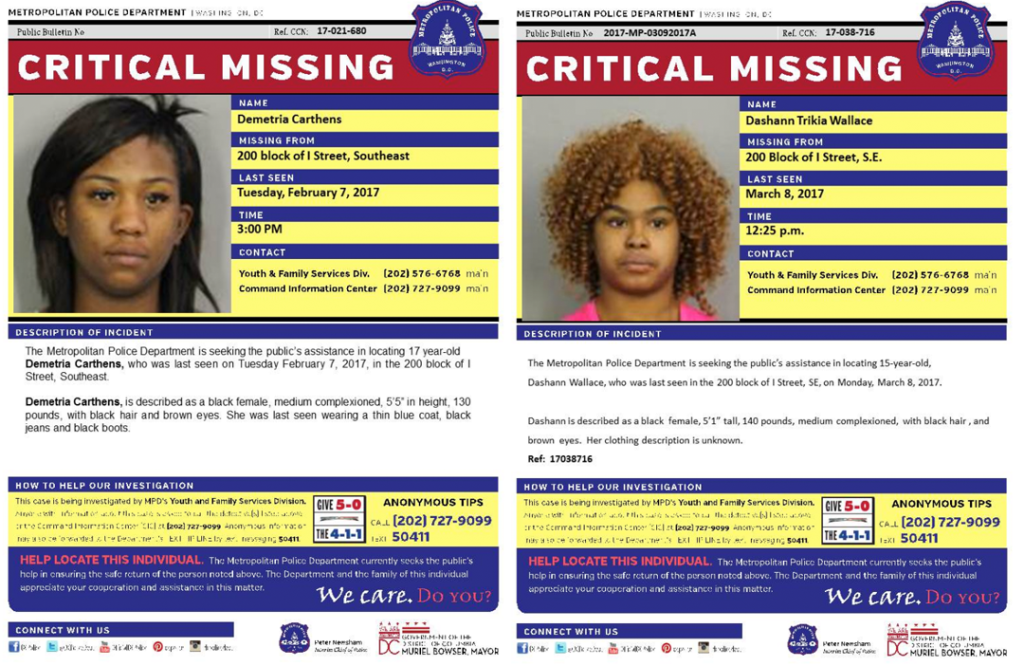 Two formerly missing girls who were reported as found by D.C.'s Metropolitan Police Department in March.