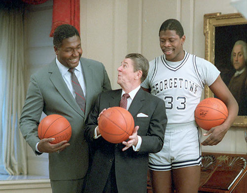 John Thompson, President Ronald Reagan and Patrick Ewing (L-R) pose for the cover of Sports Illustrated in the Map Room in 1984.