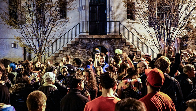 A 2017 protest descends up on the house of Ivanka Trump and Jared Kushner, in D.C.'s Kalorama neighborhood.