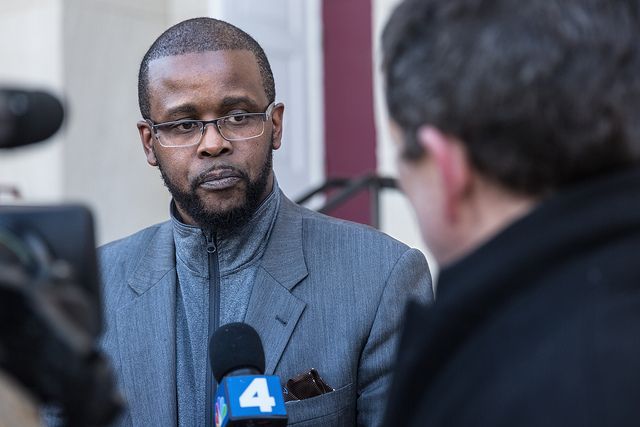 Antwan Wilson, chancellor of DC Public Schools, speaking outside Jefferson Middle School in Southwest D.C. in February 2017.
