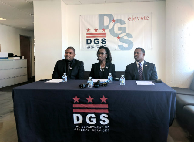 Director of DGS Greer Johnson Gillis, along with Dep. Director for Facilities Mgr. Donny Gonzalez (L), and Chief of Staff Jerome Fletcher (R)