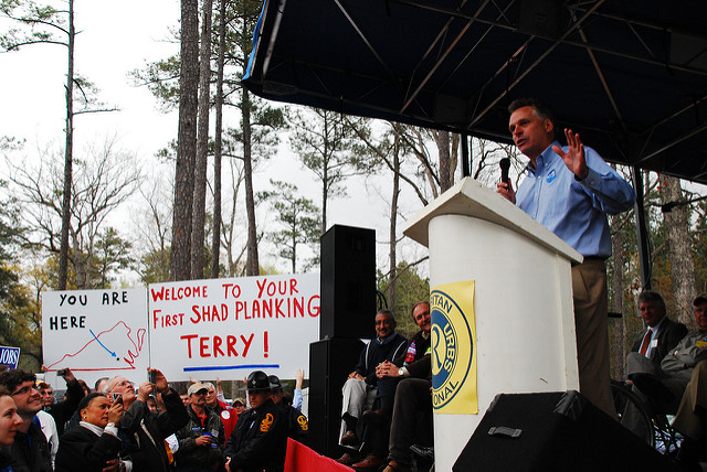 Terry McAuliffe is welcomed at his first "shad planking" in Wakefield, Va.