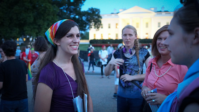 Delegate-elect Danica Roem protesting President Trump's "trans military ban" in front of the White House in July 2017.