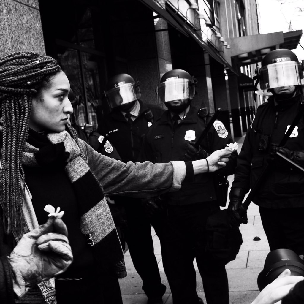 Protester and police officers, Inauguration Day 2017