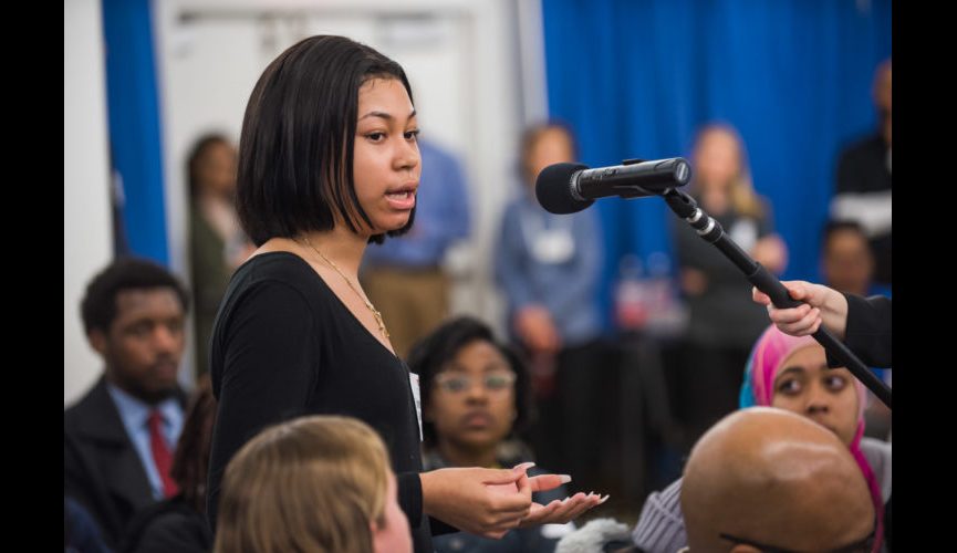 WASHINGTON, DC &#8211; MARCH 20, 2018: WAMU&#8217;s DC Prep Student Town Hall hosted by Kojo Nnamdi of &#8220;The Kojo Nnamdi Show&#8221; at DC Prep Benning Elementary Campus in Washington, DC. (Photo by Richie Downs)