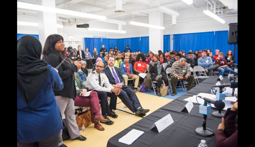 WASHINGTON, DC &#8211; MARCH 20, 2018: WAMU&#8217;s DC Prep Student Town Hall hosted by Kojo Nnamdi of &#8220;The Kojo Nnamdi Show&#8221; at DC Prep Benning Elementary Campus in Washington, DC. (Photo by Richie Downs)