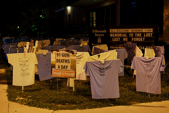 Annual t-shirt display highlighting gun violence at Fifteenth Street Presbyterian Church, Washington, D.C.