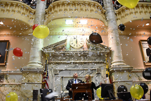 A celebration of confetti and balloons on sine die--the last day of the legislative session.