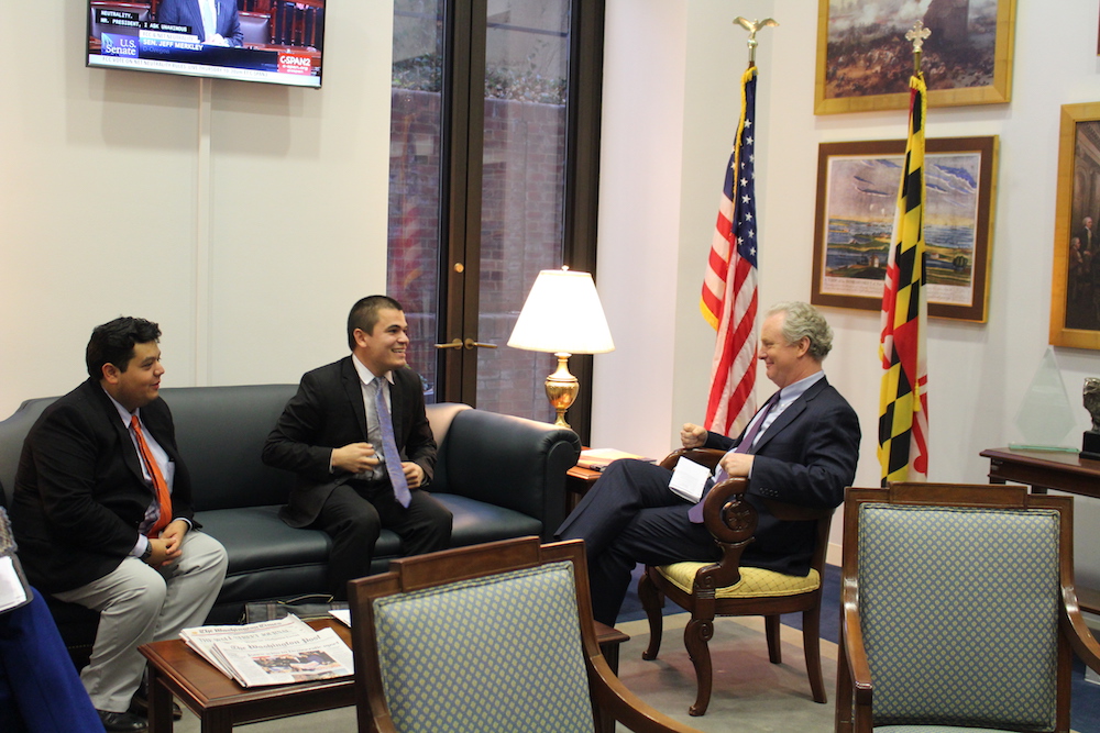 (From the left) Guillermo Creamer and Carlos Vera of the nonprofit "Pay Our Interns" meet with Senator Chris Van Hollen, who played a pivotal role in building bipartisan support for paying interns on the Hill. 