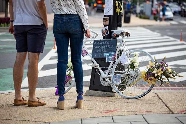 A "ghost bike" memorial for Jeffrey Hammond Long at M Street NW.