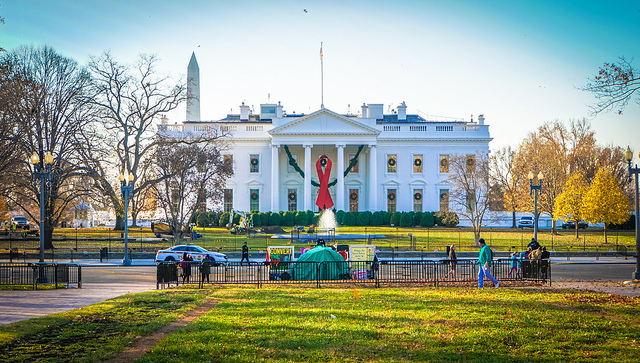 The White House dons a red ribbon for World AIDS Day on December 1, 2017. 