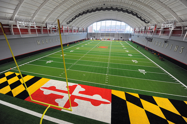 The football team's practice space in Cole Field House. 