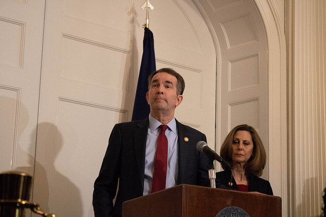 Virginia Gov. Ralph Northam speaks at a Feb. 2 press conference in response to the discovery of a racist photo in his medical school yearbook, alongside Virginia First Lady Pamela Northam.