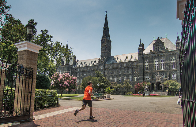 A runner entering Georgetown University in Washington, D.C.