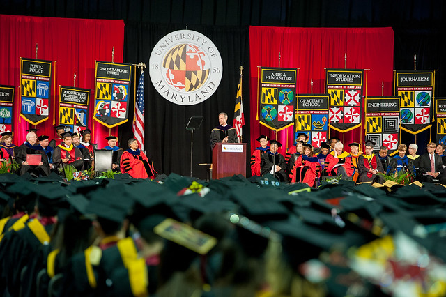 Former Maryland Governor Martin O'Malley delivers the commencement address at the University of Maryland graduation ceremony in May 2014.