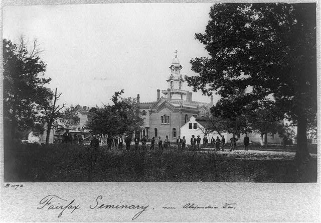 Civil War Era image of Virginia Theological Seminary featuring both Union soldiers and Black civilians. 
<a href="https://www.loc.gov/resource/cph.3b45389/"><i>Image via the Library of Congress Prints &amp; Photographs Division</i></a>