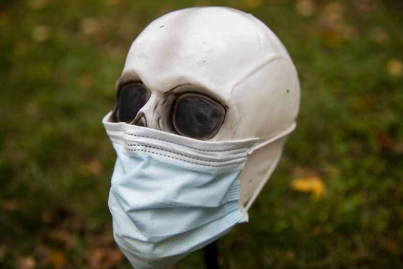 Photo illustration of a masked skull in Arlington, Virginia, on October 28, 2020.