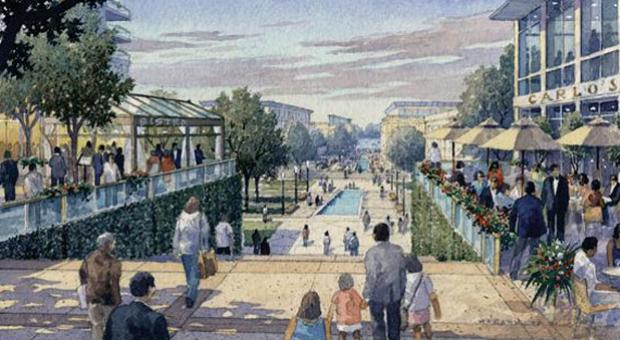 An artist's rendering of plans for a revitalized downtown Columbia, Md.
