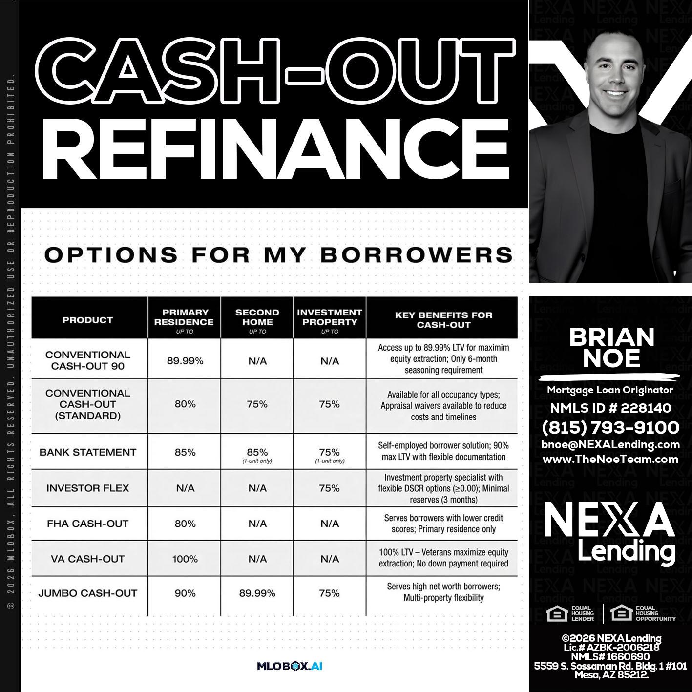 CASH OUT - Brian Noe -Mortgage Loan Originator