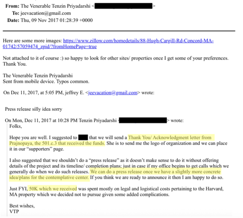 MIT Buddhist Chaplain Tenzin Priyadarshi corresponded with Jeffrey Epstein about donations in 2017