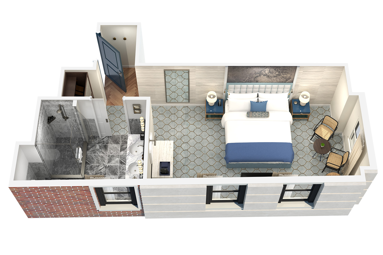 a 3D rendering of a hotel room floor plan