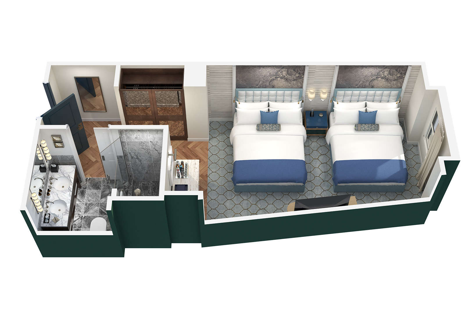 a 3D rendering of a hotel room floor plan