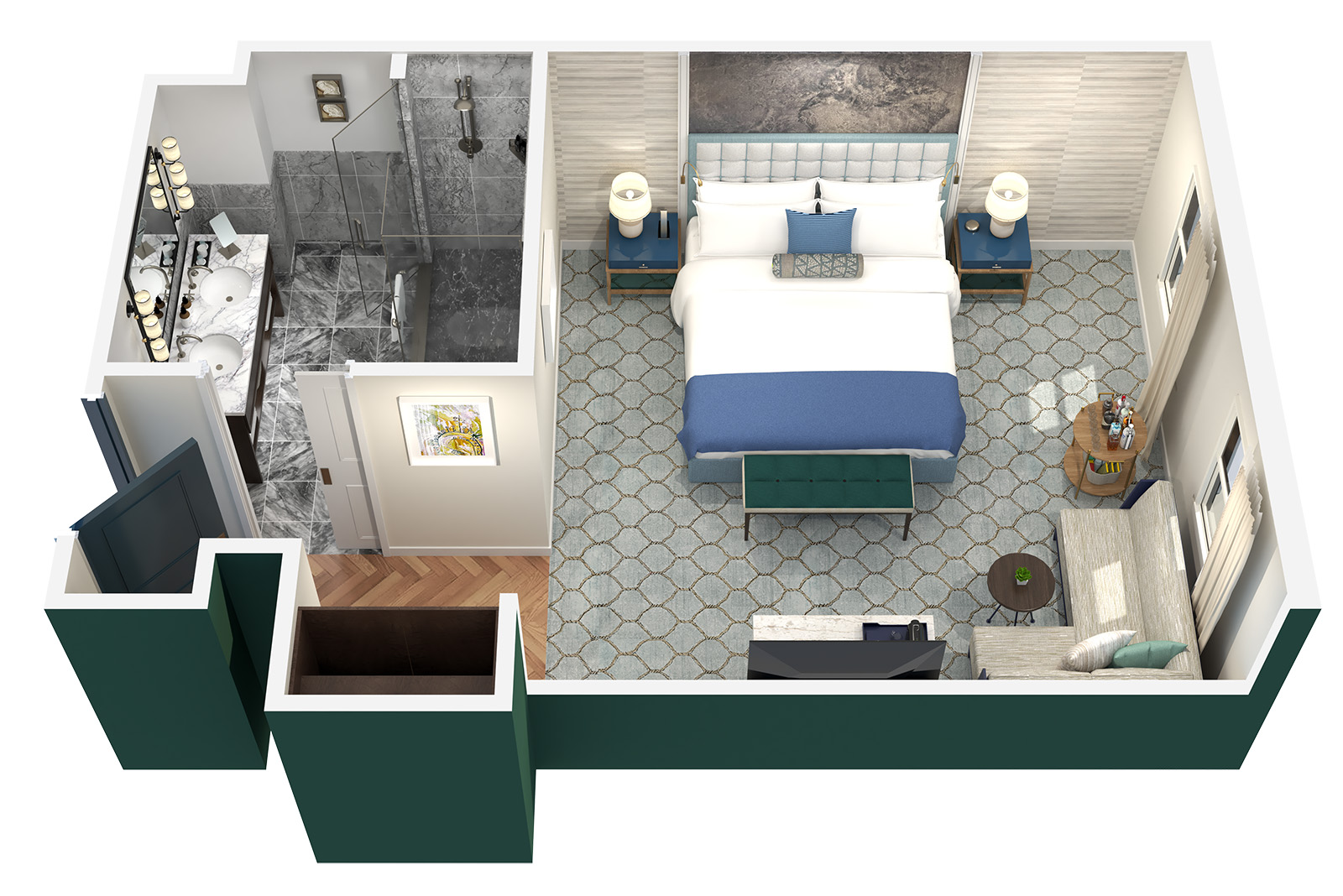 a 3D rendering of a hotel room floor plan