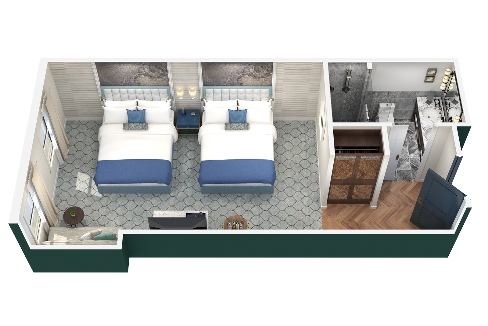 A bird's-eye view of a hotel room with two double beds, a tiled bathroom, and a sitting area.