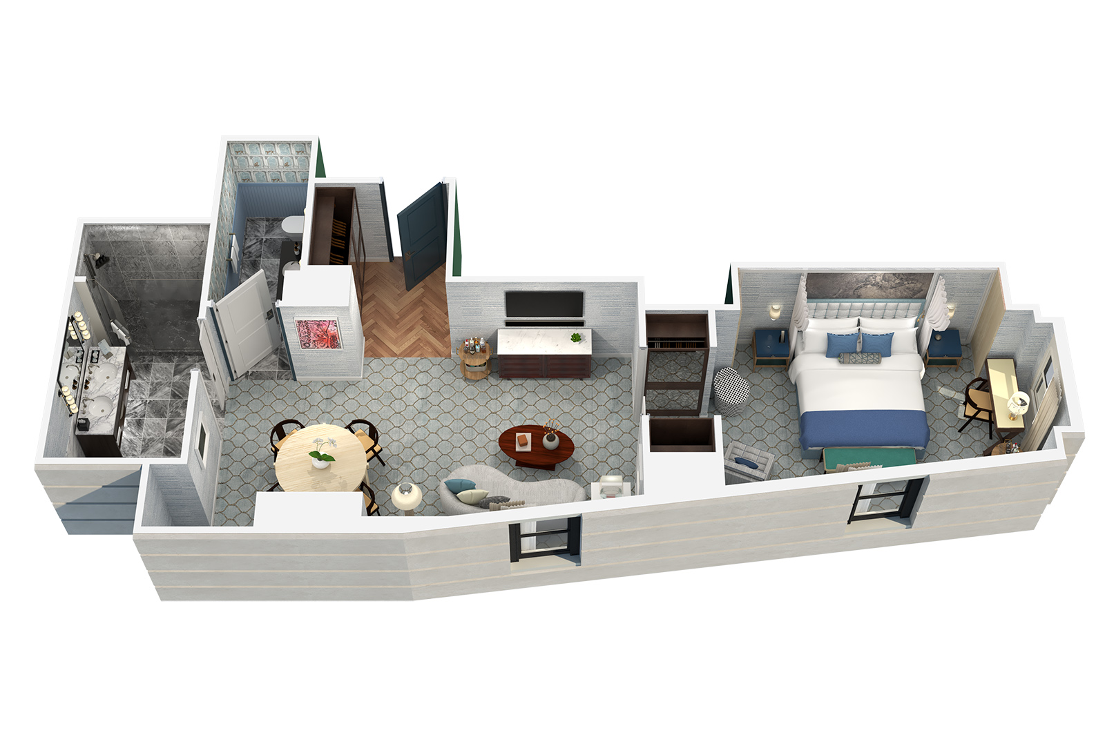 a 3D floor plan of a suite