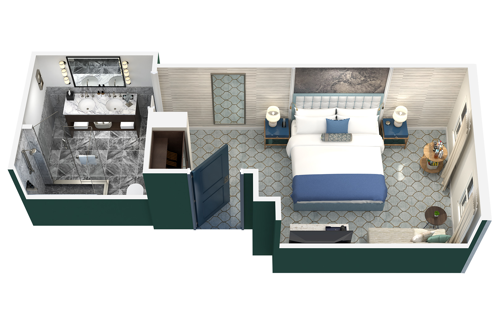 a 3D rendering of a hotel room floor plan