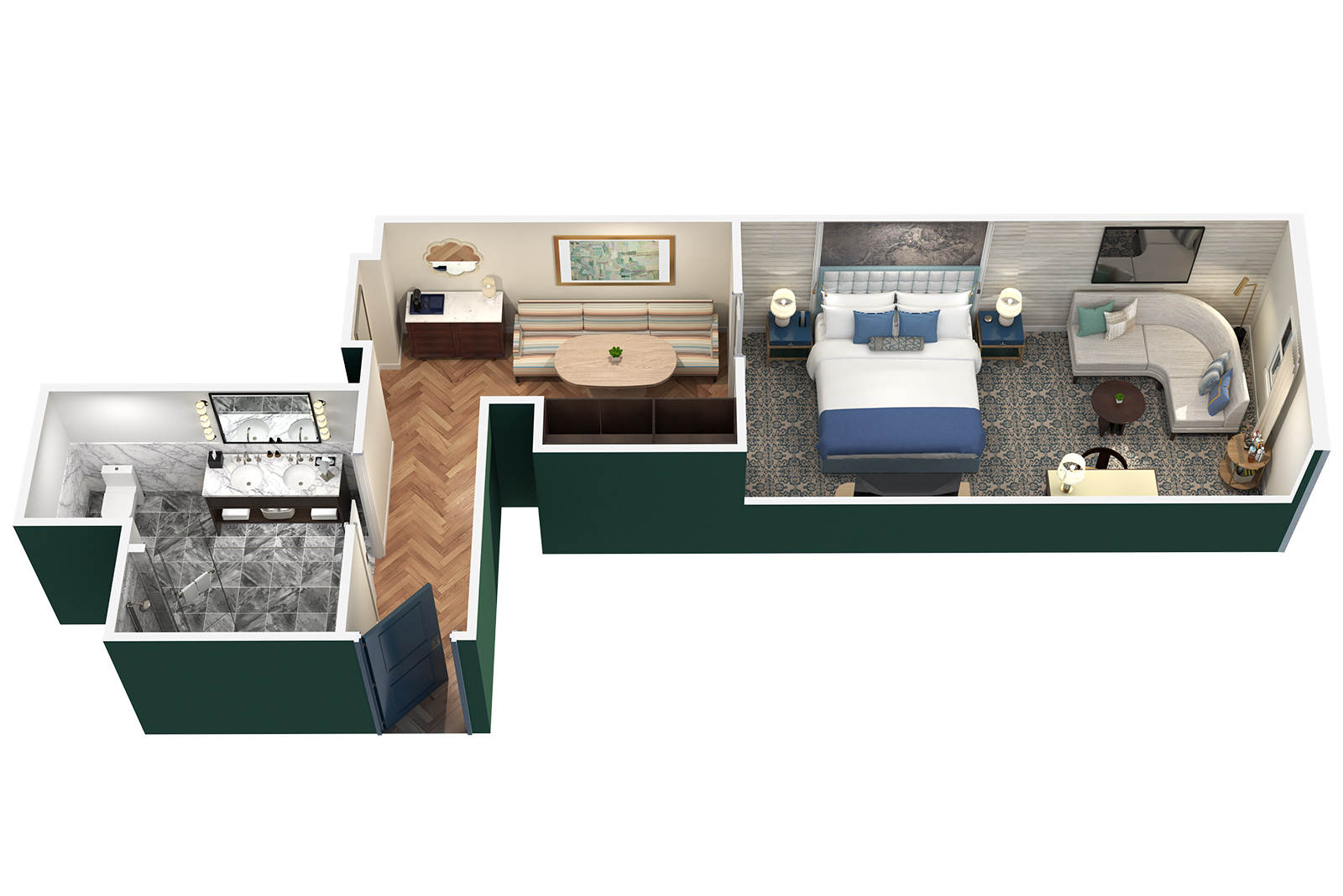 a 3D floor plan of a hotel room