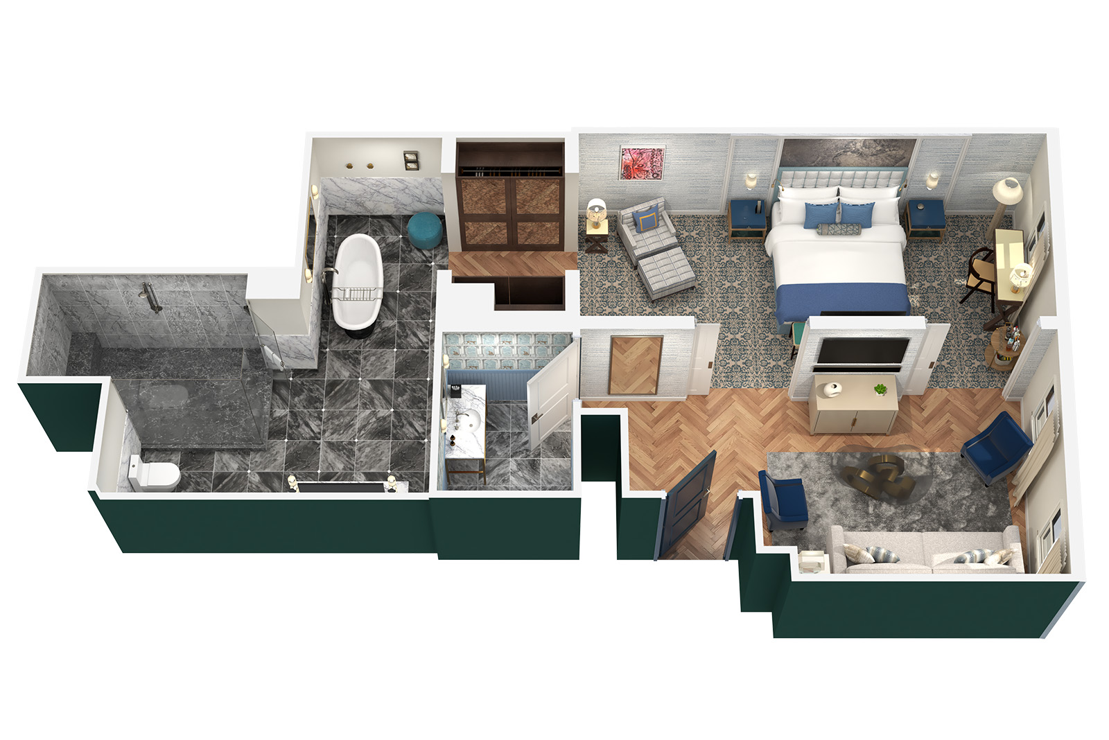 a 3D floor plan of a hotel suite