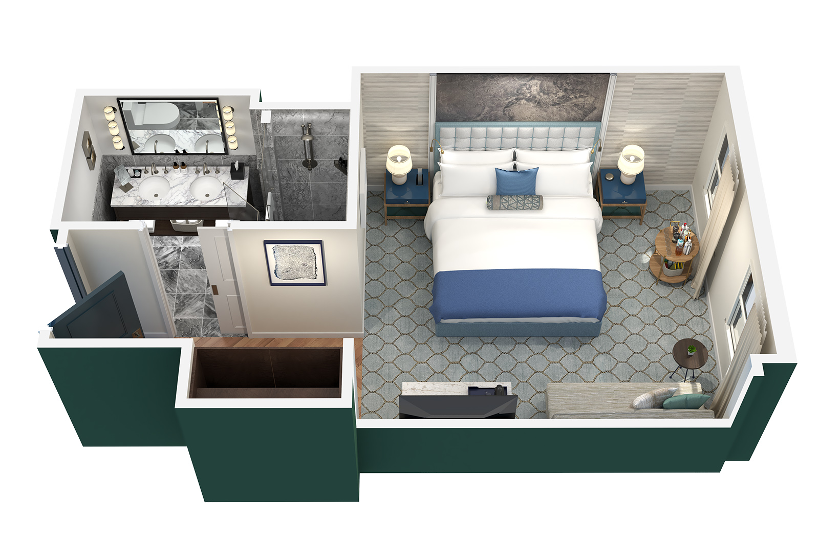 a 3D rendering of a hotel room floor plan