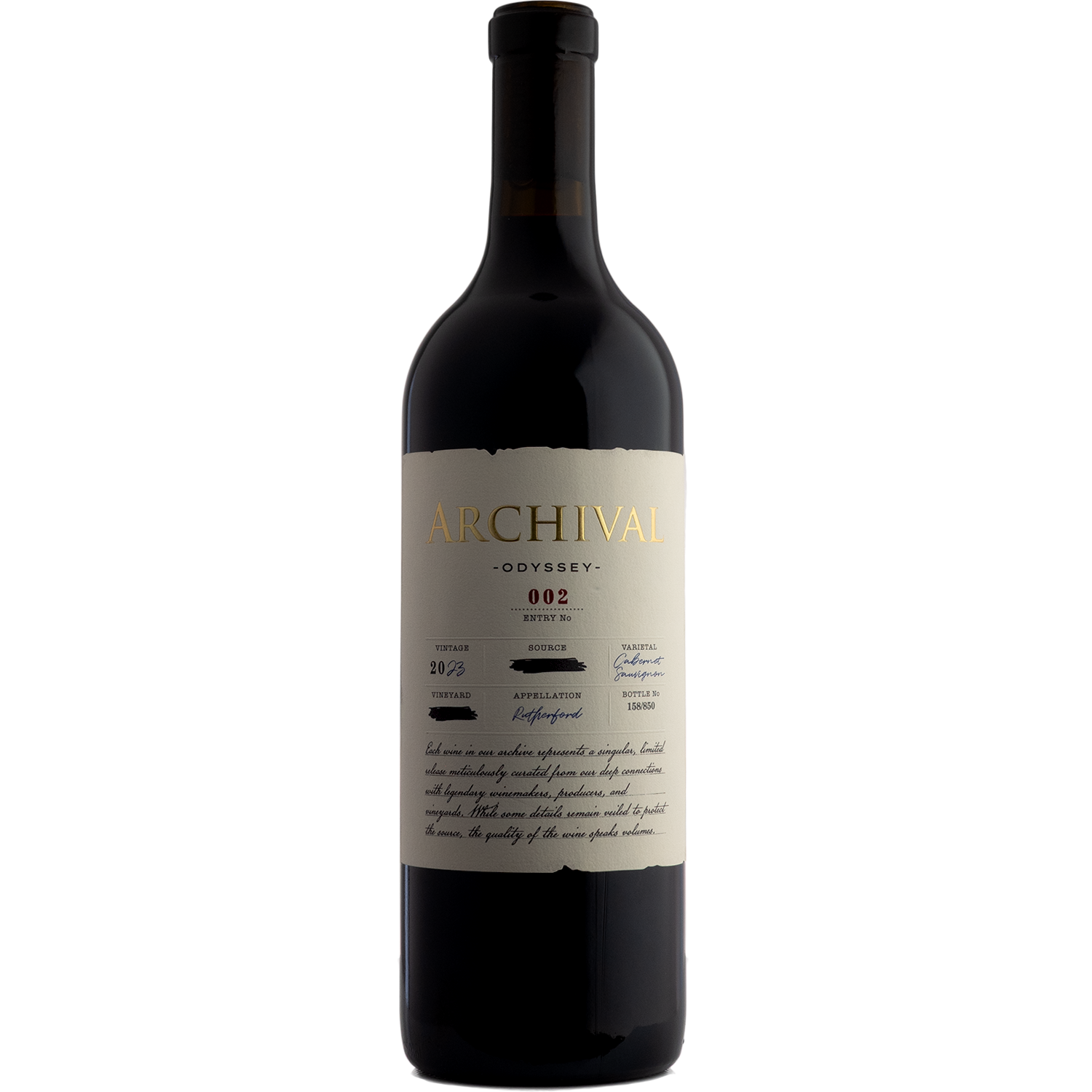 Archival 2023 'Odyssey' Rutherford Cabernet Sauvignon 750ml Wine Bottle