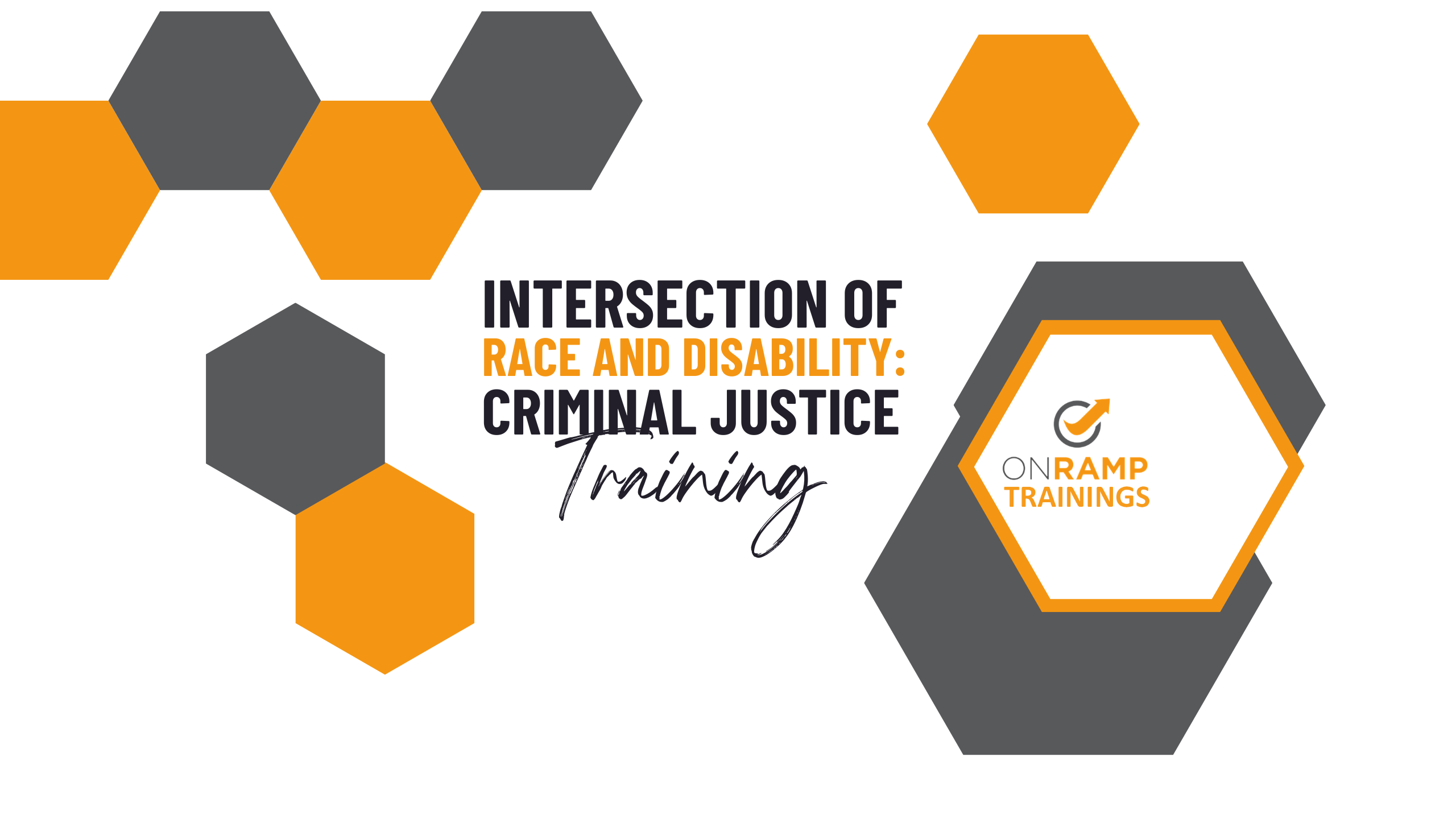 Text says Intersection of Race and Disability: Criminal Justice Training. Text is surrounded by gray and orange hexagons. 