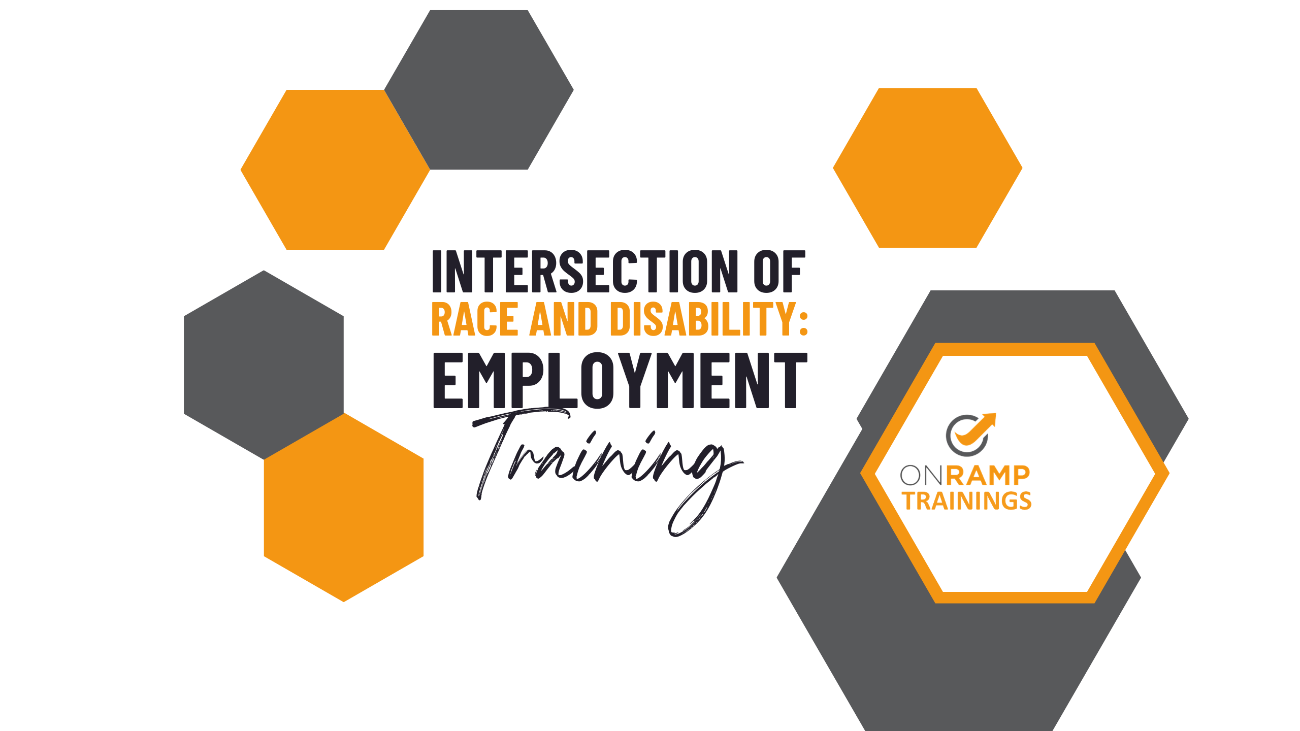Text says Intersection of Race and Disability: Employment Training. Text is surrounded by gray and orange hexagons. 