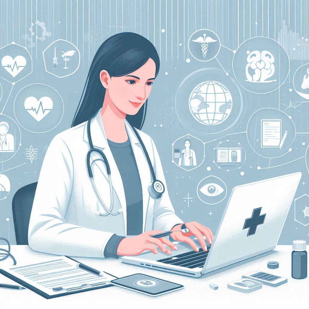 drawing of a female physician at her laptop