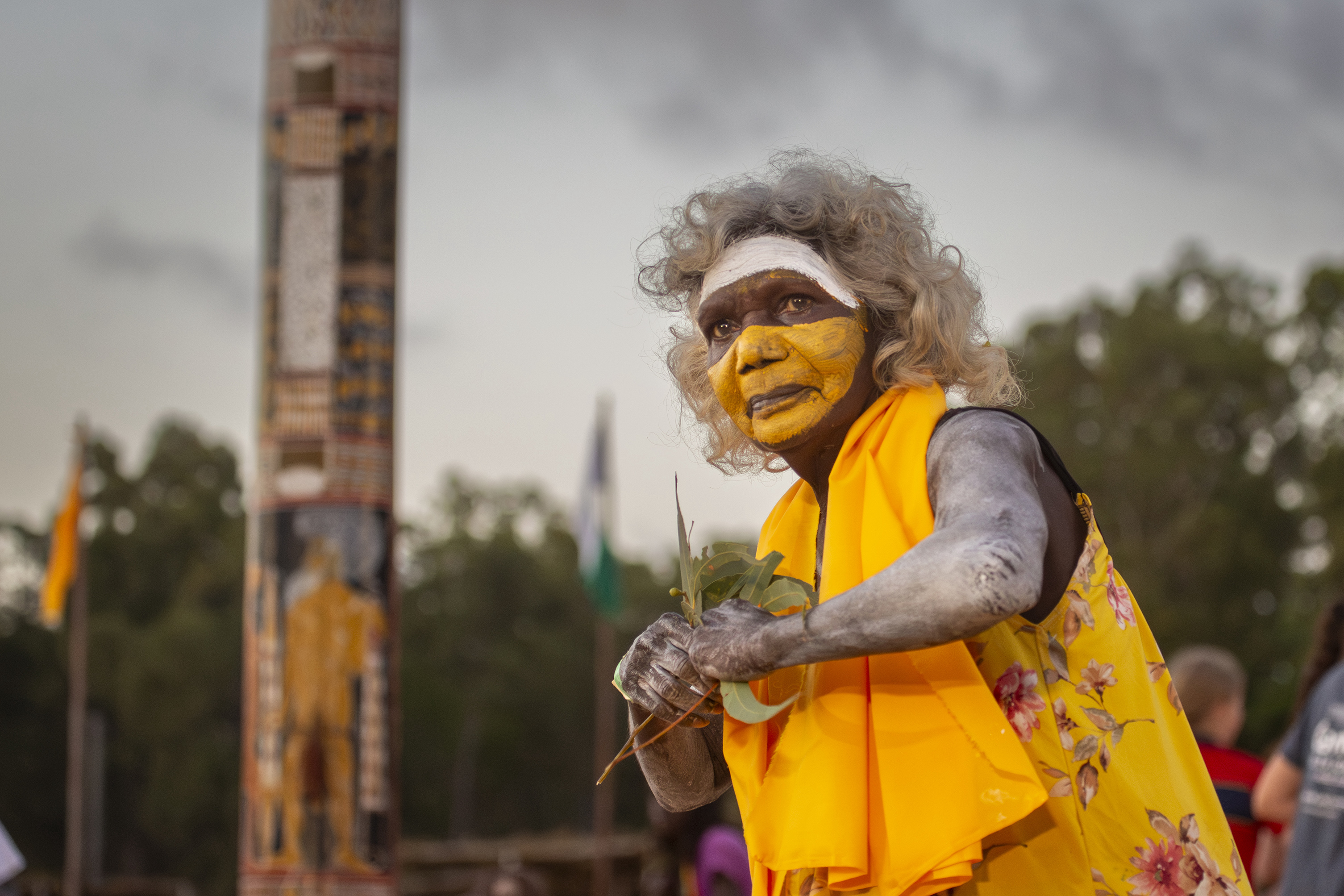 A Yolngu woman performing ceremonial dance.
