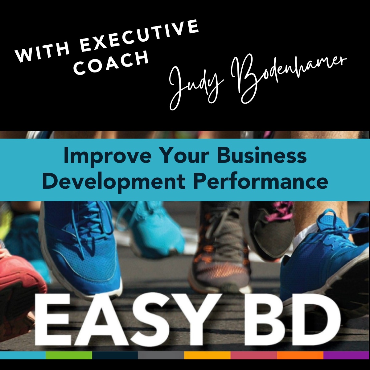 Black rectangular box on the top half with text in white 