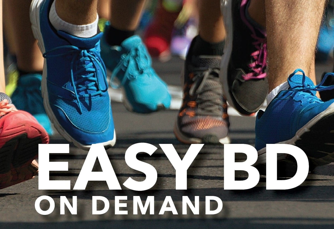 Multiple runner's showing their running shoes in blue and red with text at the bottom 