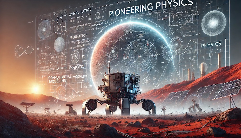Pioneering Physics course banner featuring autonomous construction rovers.