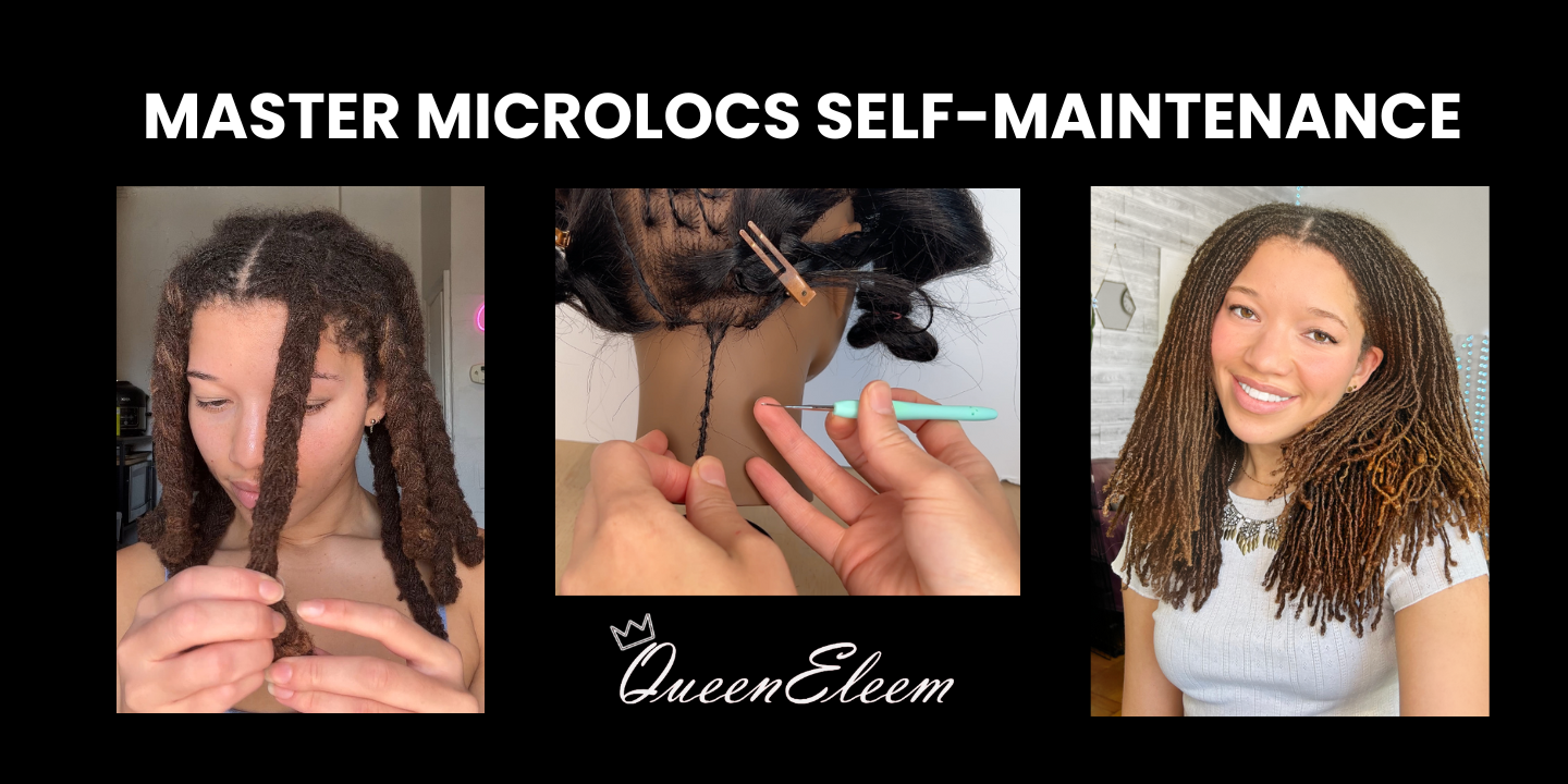 An array of images displayed on various devices depicting different parts and aspects of the Self Retigthen your Microlocs Like a Pro Course by Queen Eleem