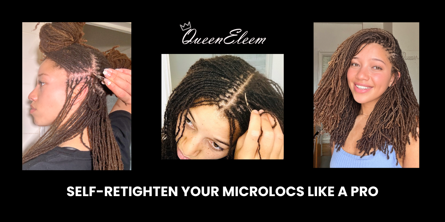 An array of images displayed on various devices depicting different parts and aspects of the Self Retigthen your Microlocs Like a Pro Course by Queen Eleem