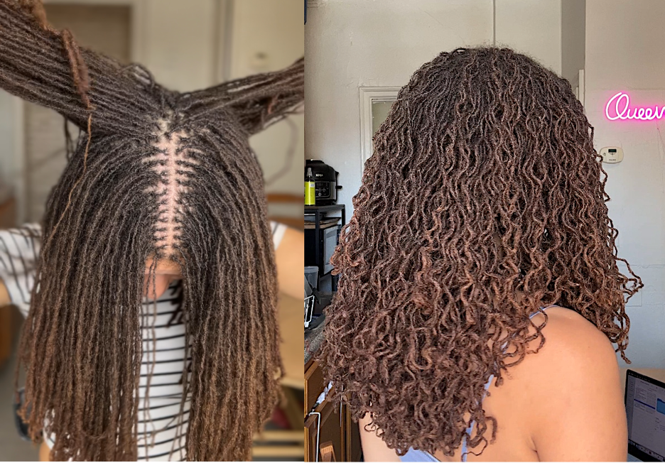 2 images of Queen Eleem with microlocs aka microsized locs