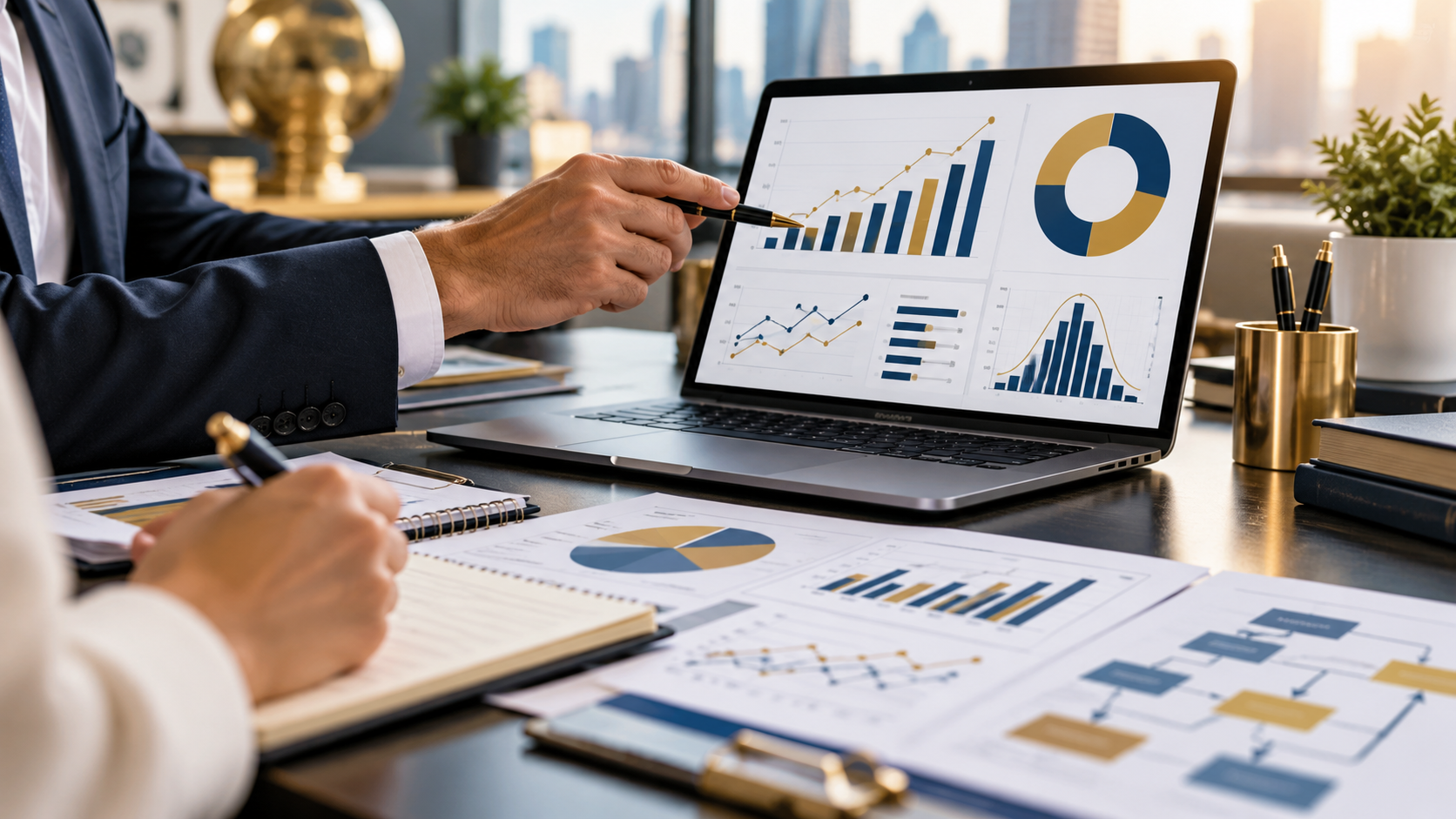 Professional analyzing charts and process data on a laptop
