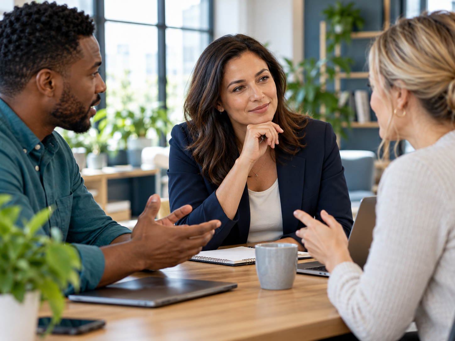Illustrative team leader listening to colleagues during a workplace conversation.