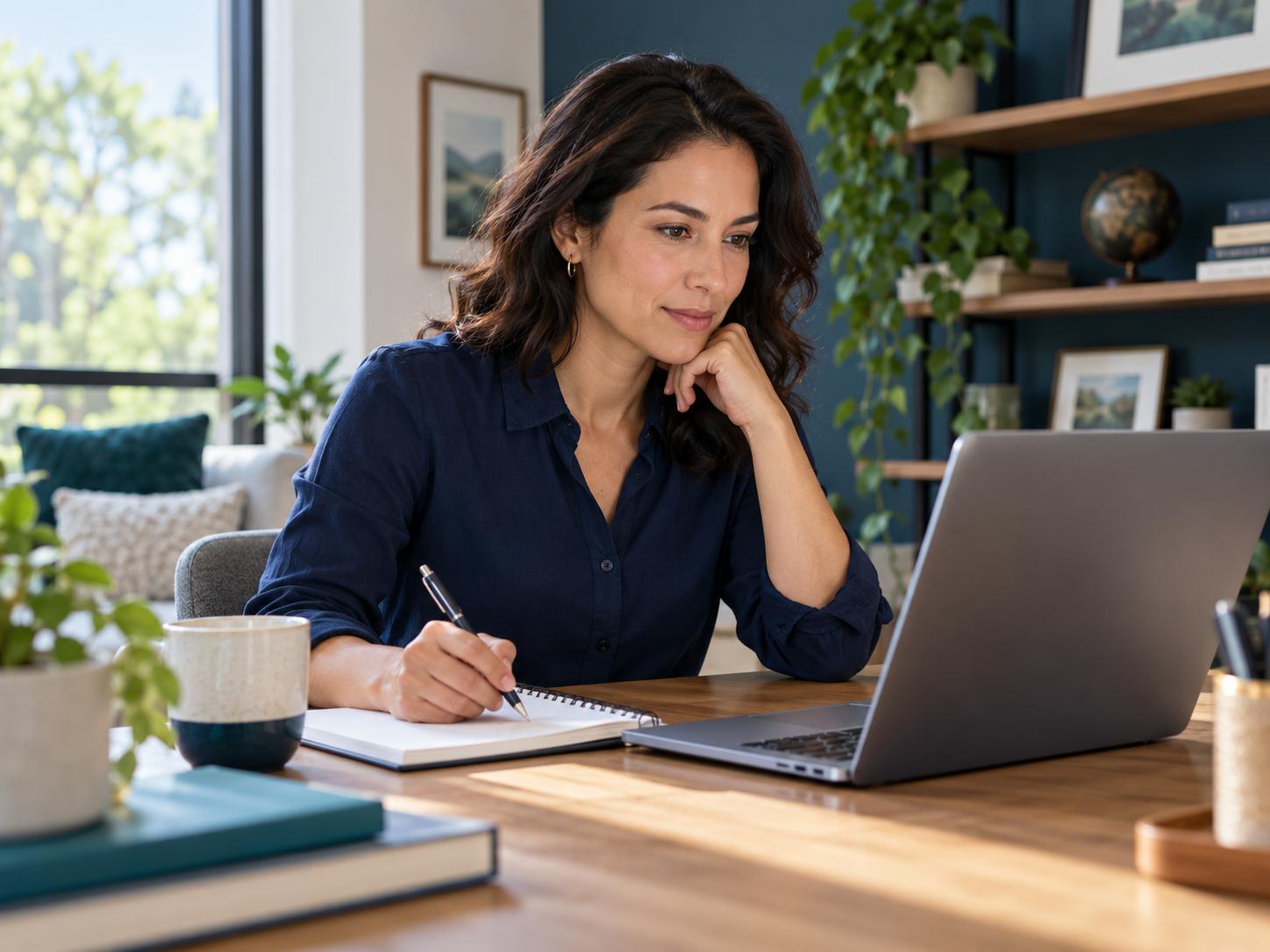 Illustrative working professional studying online with a notebook and laptop.