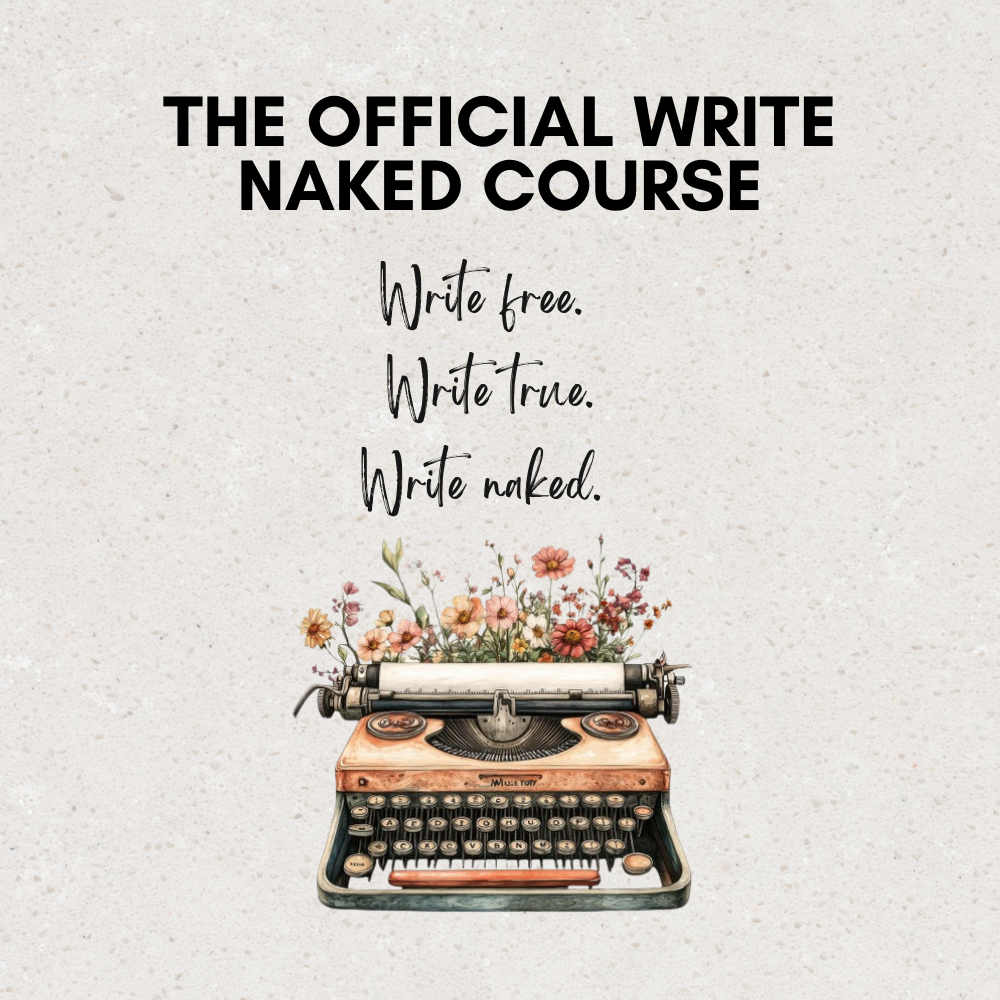 Pink typewriter with Write Naked on paper with tulips.